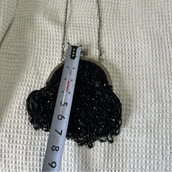 Vintage Bijoux Terner black beaded evening handbag shoulder bag kiss lock silver - Picture 7 of 14